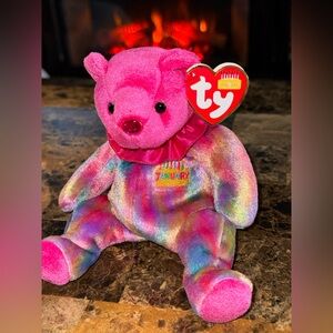 🎉 TY Birthday Beanie Baby January Bear Pink Rainbow Garnet Plush